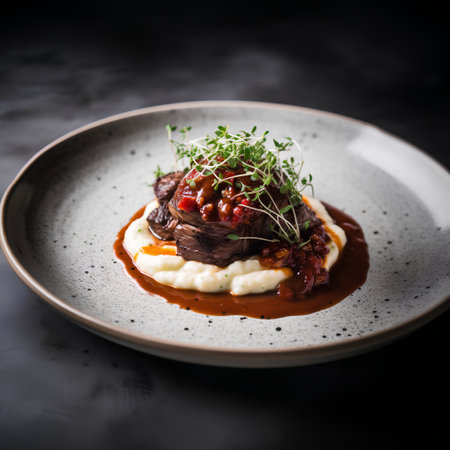 Beef filet mignon with mashed potatoes and microgreensの素材