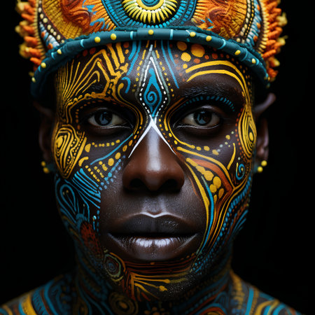 Portrait of a beautiful african woman with painted face. Studio shot.の素材