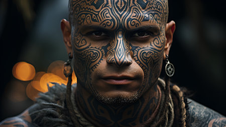 Portrait of a man with a tattoo on his face, closeupの素材