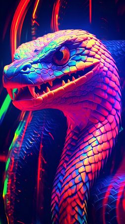 3D rendering of a fantasy dragon with neon lights in the backgroundの素材