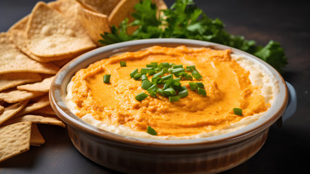 Bowl of hummus with herbs and tortilla chips on dark backgroundの素材