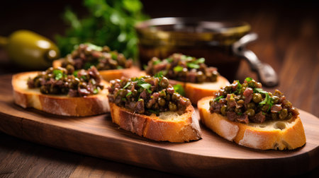 Bruschetta with beef, capers and herbs on wooden backgroundの素材