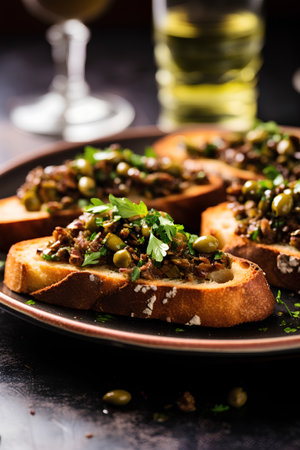 Bruschetta with tuna, green peas and capers on toasted baguetteの素材