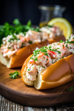 Homemade lobster roll on a wooden board with parsley and lemonの素材