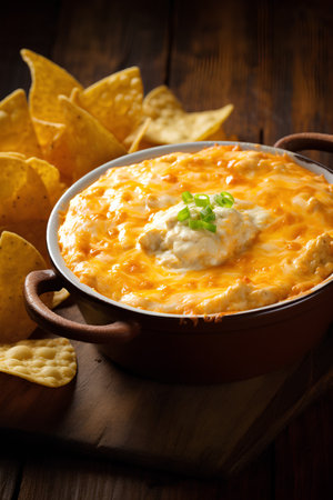 Bowl of chicken casserole with nachos on wooden backgroundの素材