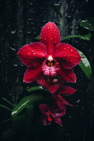 Beautiful red orchid flower with water drops on dark background.の素材