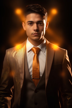 Portrait of a handsome young man in elegant suit on dark backgroundの素材