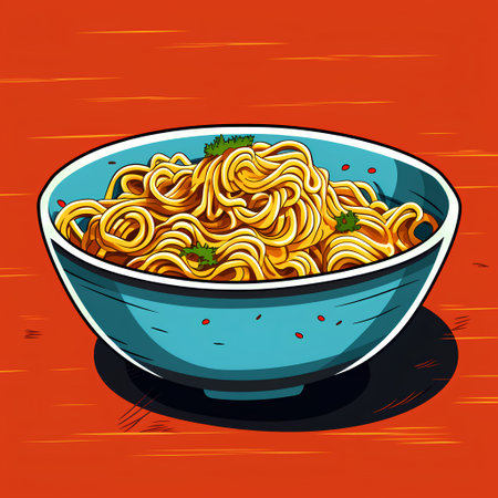 Illustration of a bowl of spaghetti with tomato sauce on orange backgroundの素材