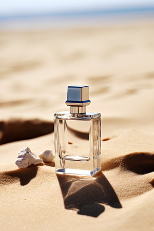 Perfume bottle on the beach. Vacation and travel conceptの素材
