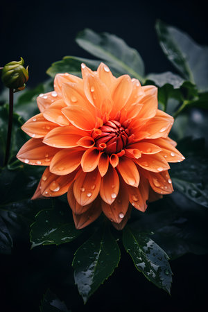Beautiful orange dahlia flower with water drops on dark backgroundの素材