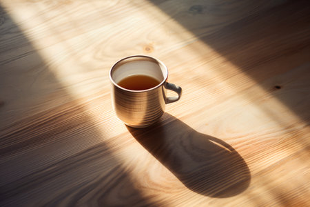 Mug of coffee on wooden table with sunbeam and shadow.の素材