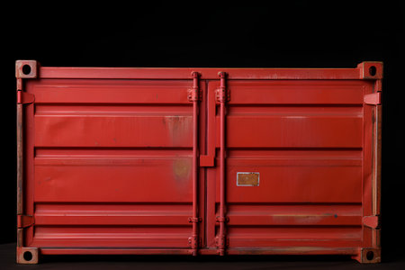 Red cargo container isolated on a black background. 3d rendering.の素材