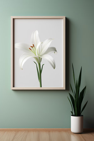 White lily flower in a vase on a green wall. 3d renderingの素材