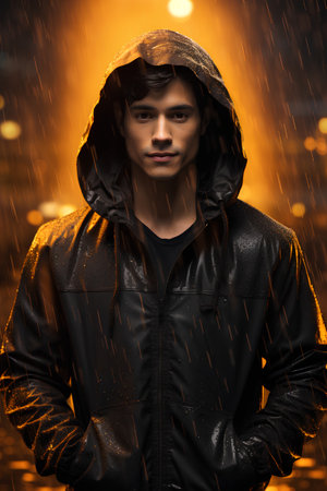 Portrait of a handsome young man in a raincoat and cap.の素材