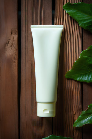 cosmetic cream or lotion bottle with green leaves on wooden backgroundの素材
