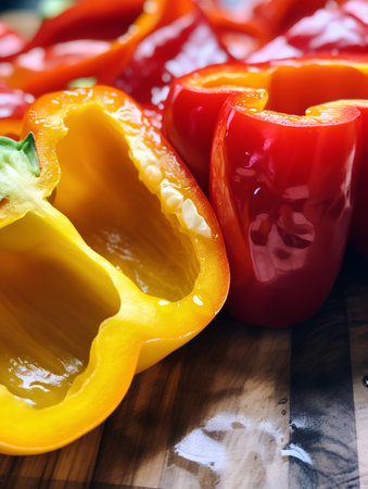 Sliced red and yellow bell peppers on a wooden cutting boardの素材