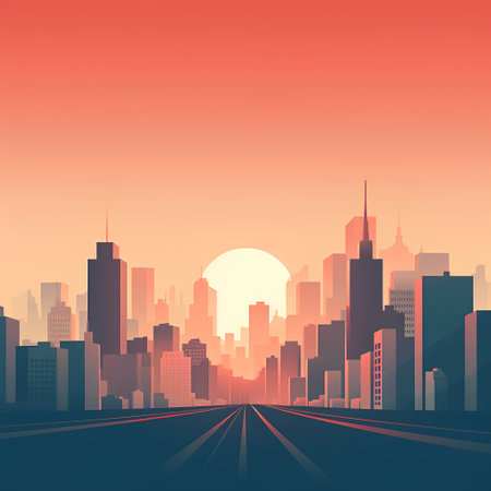 Cityscape at sunset with road and skyscrapers. Vector illustration.の素材