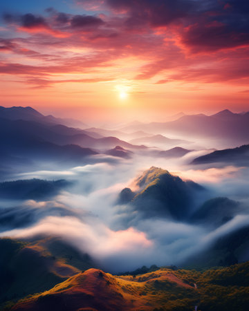 Foggy sunrise over the mountain range. Beautiful nature landscape.の素材