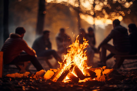 Camping bonfire in the forest at sunset. Camping conceptの素材