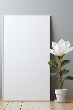 Blank poster mockup with white magnolia flower in pot on wooden floor. 3D renderingの素材