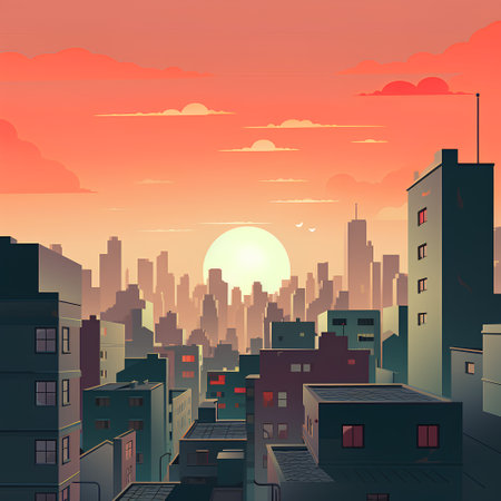 Cityscape with buildings and sunset. Vector illustration in flat style.の素材