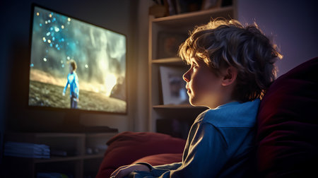 Little boy watching a movie on the television at home in the eveningの素材