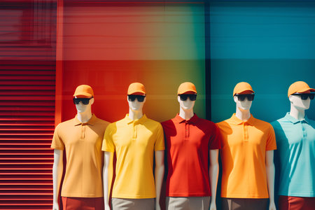 Group of mannequins in colored polo shirts and sunglasses standing in front of a shop window.の素材