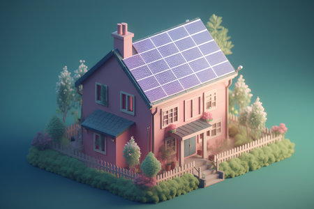 House with solar panels on the roof. Alternative energy source. 3D renderingの素材