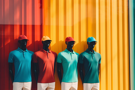 Group of male mannequins in colorful sportswear standing in front of the wall.の素材