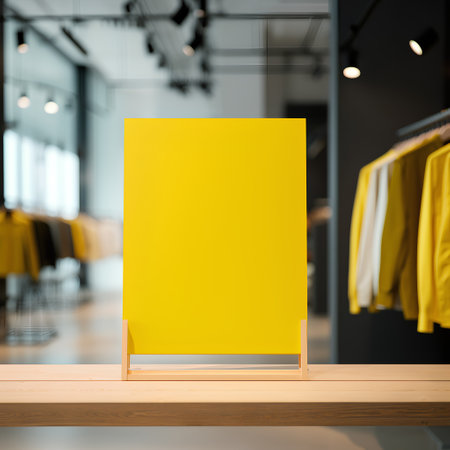 Blank yellow signboard on wooden table in front of blurred store. Mock up, 3D Renderingの素材