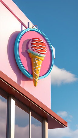 Ice cream shop sign on pink building facade. 3d render illustrationの素材