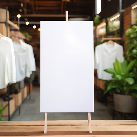 Blank white poster on wooden table in front of blurred background. Mock up, 3D Renderingの素材