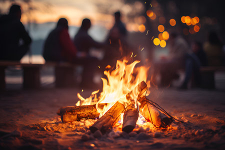 Bonfire on the beach. Camping on the shore of the lake.の素材