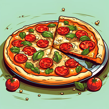 Pizza with tomato, mozzarella and basil. Vector illustration.の素材
