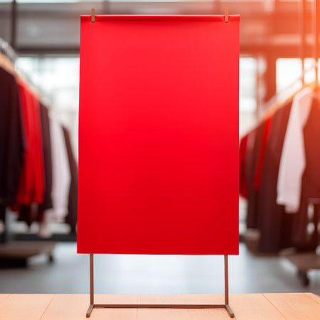 Blank red banner stand on wooden table in clothing store. Mock up, 3D Renderingの素材