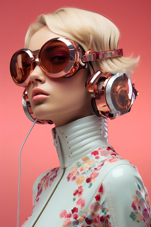 3D illustration of a beautiful young woman in headphones listening to music.の素材