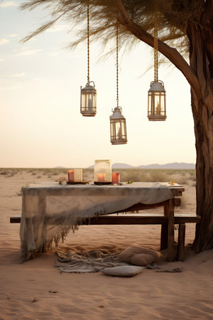 Lanterns on the table in the desert at sunset.の素材