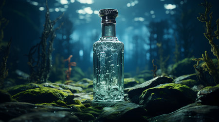 Old bottle of vodka on a background of the sea. 3d renderingの素材