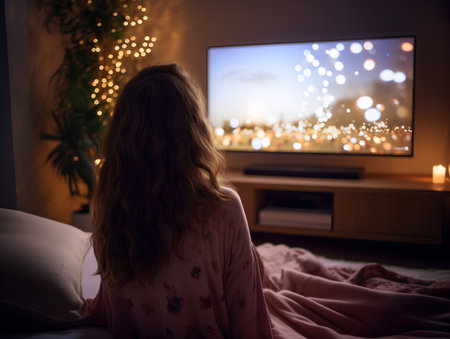 Young woman watching TV at night in the living room. Back view.の素材