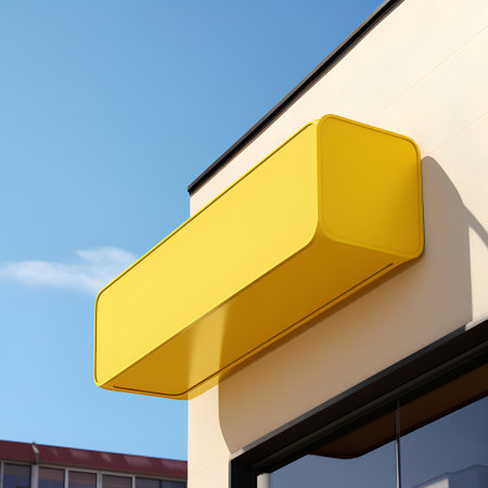 3d render of a modern building exterior with a yellow signboardの素材