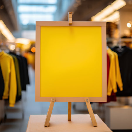 Blank yellow signboard on wooden stand in clothing store, mockupの素材