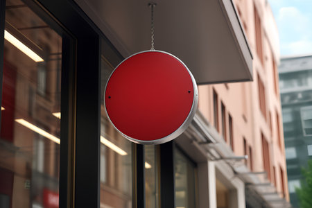 Blank red sign hanging on the door of a cafe. 3d renderingの素材