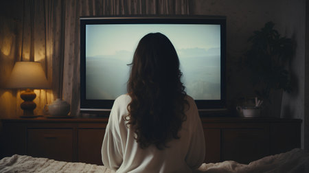 Young woman sitting on the bed and watching TV in the room.の素材