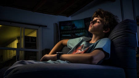 Teenage boy suffering from pain in his elbow at night in the darkの素材