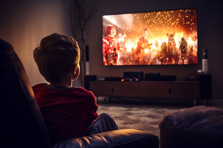 Young boy watching a movie on a television in the living room at homeの素材