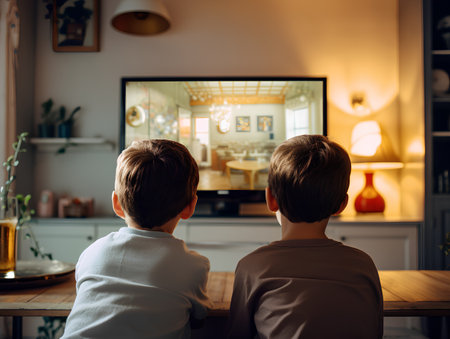 Rear view of two boys looking at the TV screen in the living roomの素材