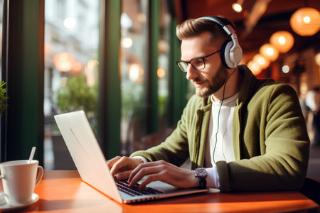 Handsome young man in headphones using laptop and smiling while sitting in cafeの素材