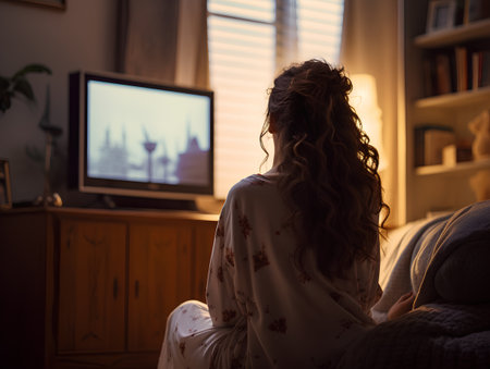 Young woman sitting on sofa at home in the evening and watching tvの素材