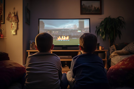 Back view of two boys watching TV at home. They are sitting on a sofa in front of the television.の素材