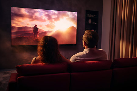 Young couple watching a movie on the television in the evening at homeの素材